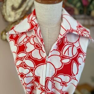 1970s Shirtdress by Country Miss Red and White Floral Midi Dress Dagger Collar